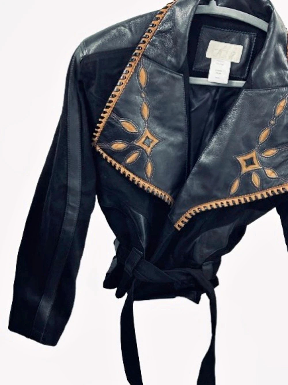 Vintage CACHE Leather & Cotton Embroidered Leather Cotton Jacket Y2K 90’s Native - Picture 8 of 12